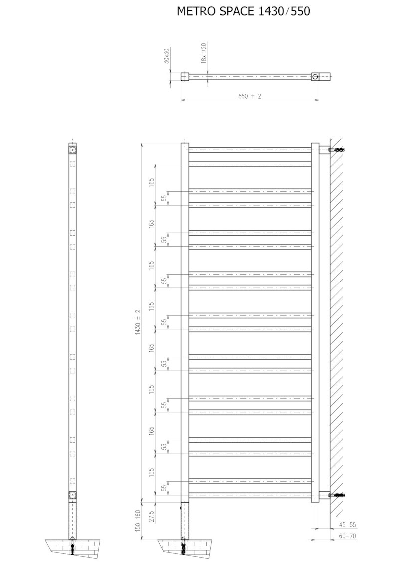 METRO SPACE otopné těleso 550x1430 mm, do prostoru, černá mat IR438B